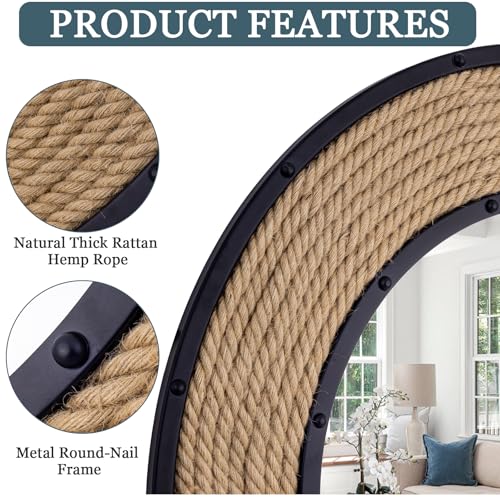 30'' Nautical Round Mirror, Black | Rattan & Metal Frame, Ship Rudder Design, Boho Coastal Wall Decor, , For Bathroom, Living Room, Dining Room, Entryway