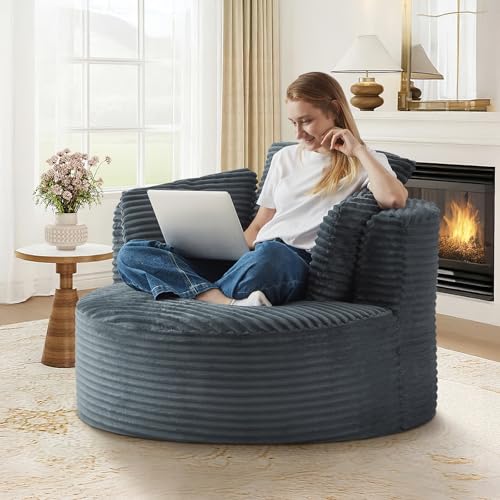 48"W Oversized Round Chaise Longue Chair Indoor,Corduroy Fluffy Comfy Cloud Chair,Circle Bean Bag Sofa with Foam Filling & Pillows,Boneless Reading Cozy Sofa Chairs for Living Room,Bedroom,Dark Grey - color: Dark Grey