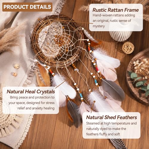 Rattan Dream Catchers with Peacock Feather, Boho Wall Decor Rustic Wooden Native American Wall Art for Bedroom Living Room (Pink Brown Mix) - color: Pink Brown Mix