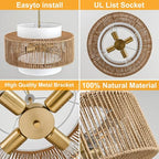 Boho Rattan Chandelier, 17.7" Boho Pendant Light with Fabric Lampshade, 4-Light Rattan Light Fixture Ceiling Hanging for Dining Room, Living Room, Bedroom, Kitchen Island, Hallway, Foyer - size: 17.7″Fabric