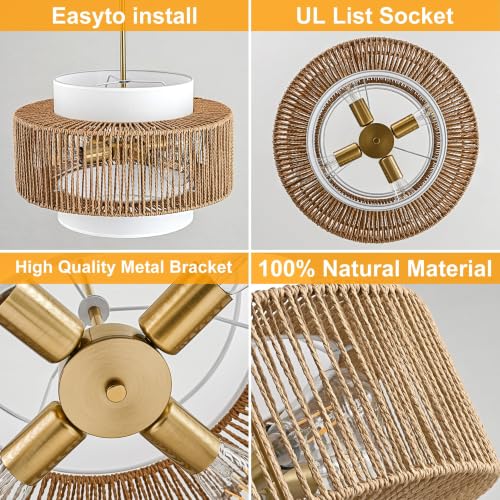 Boho Rattan Chandelier, 17.7" Boho Pendant Light with Fabric Lampshade, 4-Light Rattan Light Fixture Ceiling Hanging for Dining Room, Living Room, Bedroom, Kitchen Island, Hallway, Foyer - size: 17.7″Fabric