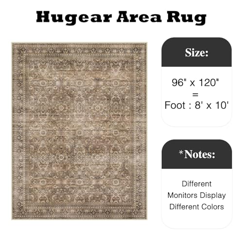 HUGEAR Area Rug 8x10 Vintage Brown Machine Washable Living Room Rugs Distressed Retro Floral Vacuumable Low Pile Carpet Bedroom Office Dining Room Laundry Room Non Slip Soft Lightweight - color: Retro | Brown, size: 8' x 10' (Rectangular)