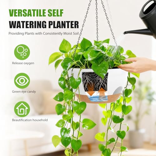 8 Inch Hanging Planters for Indoor Outdoor Plants, 4 Pack White Brown Plastic Self Watering Hanging Baskets with Drainage Holes and Chain for Garden Porch - color: White Brown