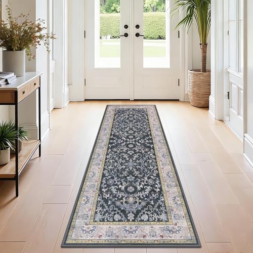 U'Artlines 2' x 6' Boho Hallway Runner Rug Vintage Farmhouse Non Slip Soft Washable Accent Runner Carpet for Kitchen, Entryway, Laundry, Living Room(Dark Grey) - color: Dark Grey, size: 2' x 6' (Runner)