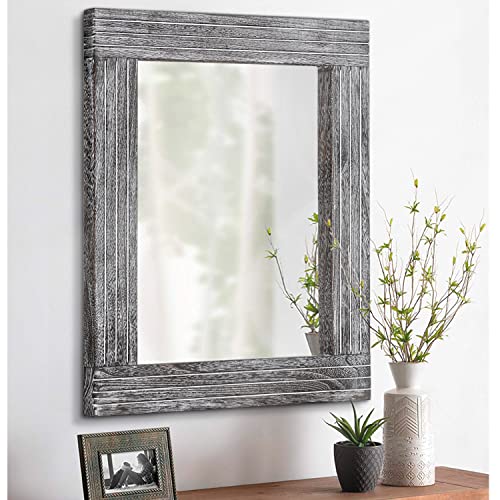 Rustic Wall Mirror Farmhouse, with Frame Wood Wall Mirror Rectangle Antique Decor Hanging Mirror for Bathroom Living Room Bedroom Entryway Small 16" x 12 " - color: Inky, size: 16"L x 12"W