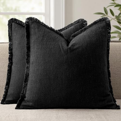 ANRODUO Set of 2 Decorative Throw Pillow Covers 24×24 Inch Soft Linen Fringe Farmhouse Boho Vintage Cushion Covers with Tassels Accent Pillowcase for Couch Sofa Bed Living Room Summer Decor Black - color: Black, size: 24" x 24" (Pack of 2)