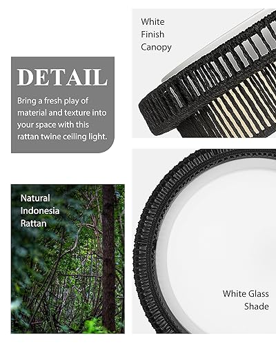 Black Rattan Ceiling Light, HWH 15W LED Woven Flush Mount Ceiling Light 13'' Boho Light Fixtures Ceiling Coastal Twine Lighting Fixtures for Bedroom Hallway, 5HYS78F-LED BK - color: Black, size: 13 Inch