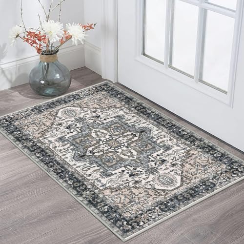KOZYFLY Small Area Rug 2x3 Ft Rugs for Entryway Washable Boho Entry Rug Non Slip Door Mat Indoor Entrance Faux Wool Vintage Printed Kitchen Rug Throw Rugs for Entrance Kitchen, Black/Taupe/Beige - color: Black/Taupe/Beige, size: 2' x 3' (Rectangular)