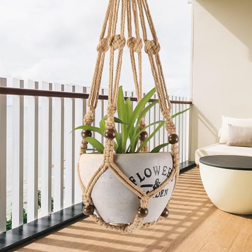 3-Pack Macrame Plant Hanger Indoor - Hanging Planter Basket for Indoor Outdoor - Decorative Boho Plant Holders Set with Beads - Ceiling Flower Pot Holder with 6 Hooks - 35"/30"/24" Linen - color: Linen