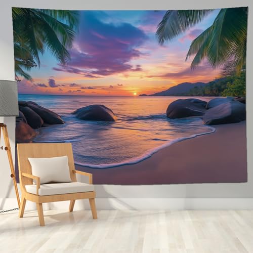 keowhsf Beach Sunset Ocean Tapestry – Tropical Palm Trees Wall Decor with Warm Orange Sky, Summer Seaside Landscape Wall Hanging for Bedroom Living Room Dorm - color: SunsetBeach, size: 60"L x 44"W