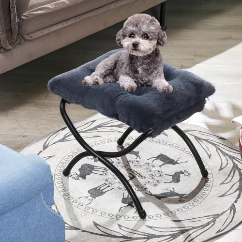 15" Foldable Foot Stool Ottoman with Metal Frame - Washable Faux Fur Navy Upholstered Indoor/Outdoor Footrest for Living Room, Bedroom, Patio - Space-Saving Compact Design - color: Fleece-navy