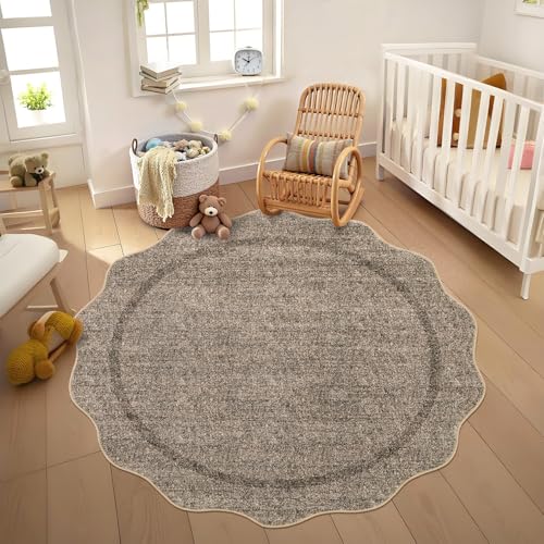 GarveeHome Scalloped Washable Round Rugs, Non-Slip Soft Round Rug 4ft Ultra-Thin, Small Boho Circle Stain Resistant Low Pile Carpet for Entryway Kitchen Bedroom Nursery Bathroom, Brown - color: Taupe, size: 4' (Round)