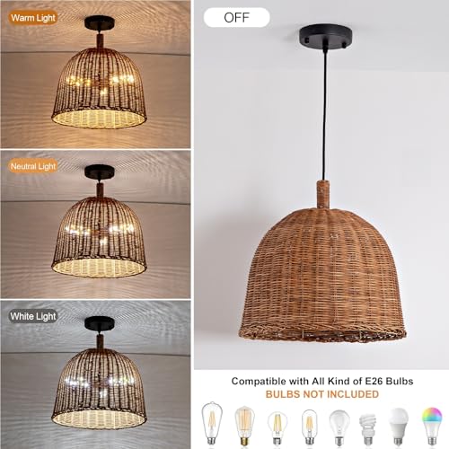 Rattan Pendant Light 13.8" Hand Weaving Wicker Dining Room Light 3-Light Boho Bracket Hanging Chandelier Fixture for Living Room Bedroom Kitchen Island Entry Hallway Farmhouse - color: Brown-13.81IN