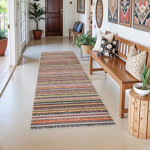 HILORUUG 4x8 Rug Washable Indoor: Non-Slip Southwestern Striped Carpet for Kitchen Hallway Entry - Farmhouse Low Pile Stain Resistant Long Thin Front Door Mat 4x8 Red/Blue/Multi - color: Multi Color, size: 4' x 8' (Rectangular)