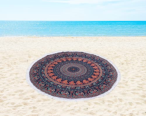 Round Beach Tapestry Mandala Boho Hippie Blanket Indian Cotton Bohemian Large Table Cloth Home Decor Yoga Mat Meditation Picnic Rug Throw Hippy Boho Gypsy Tablecloth Roundie (42 Inches, Brown) - color: Brown, size: 42"L x 42"W