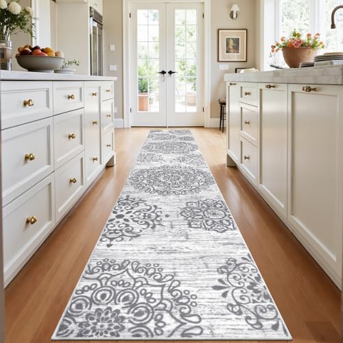 HEBE Hallway Runner Rug 3'x16' Washable Vintage Distressed Area Rugs Non Slip Laundry Rug Runner Boho Floor Carpet Runners for Hallways Entryway Laundry Room Kitchen Bathroom - color: Grey, size: 3' x 16' (Rectangular)