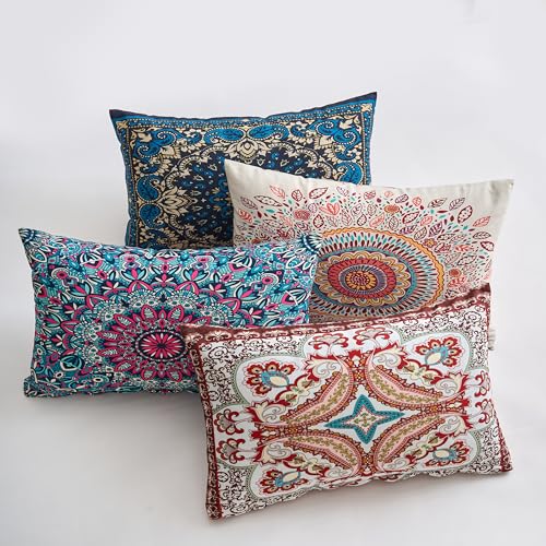 Decorative Washable Boho Lumbar Throw Pillow Covers 12X20 Inch Set of 4 Farmhouse Modern Couch Pillow Cases Vintage Floral Pillows for Sofa Living Room Bedroom Summer Outdoor Patio Porch - color: Bohemian Medley, size: 20" x 12" (Pack of 4)