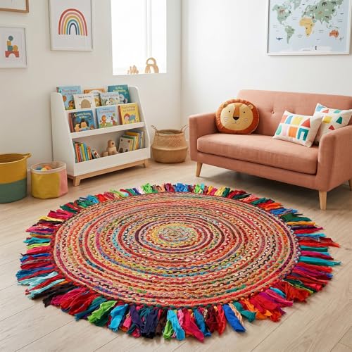 GRUHUM Jute Area Rug 6ft-Natural Fiber Round Cotton Fringes Handmade Boho Multicolour Soft Braided Rustic Vintage for Indoor Outdoor Kitchen Bedroom Living Room Hallways Enterway (6'ft Round) - color: Red/Multicolor 31, size: 6' (Round)