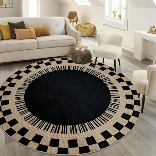 Easy Jute Checkered Rug, 6Ft Round Modern Indoor Outdoor Farmhouse Carpet, Washable Non-Slip Thin Neutral Floor Mat for Living Room Patio Kids Pets Room Playroom Home Office Kitchen, Black - color: Black Checker, size: 6'