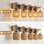 5-Light Bathroom Vanity Light Fixtures, Rustic Style Rattan Vanity Lights with Handmade Bamboo Woven Boho Wicker Lampshade, Farmhouse Wooden Bracket, Suit for Stairway Bedroom and Hallway - color: 5-Light