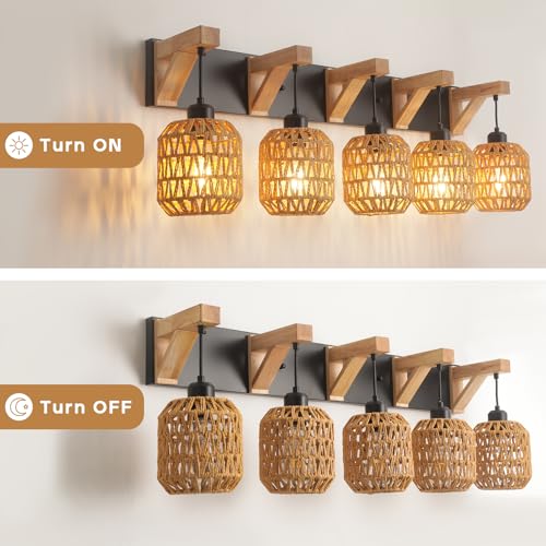 5-Light Bathroom Vanity Light Fixtures, Rustic Style Rattan Vanity Lights with Handmade Bamboo Woven Boho Wicker Lampshade, Farmhouse Wooden Bracket, Suit for Stairway Bedroom and Hallway - color: 5-Light