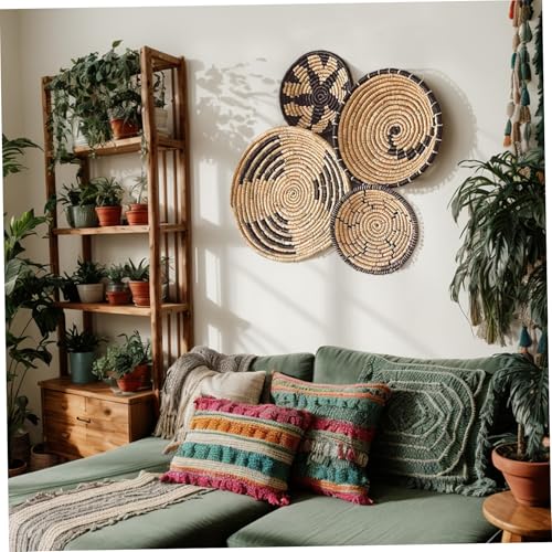 Wicker Wall Basket 4Pcs 8in/10in/12in Round Wall Basket Decor Boho Woven Wicker Hanging Decorative Ideal for Home Office Club Party