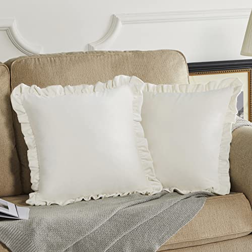 GIGIZAZA Velvet Cream 16x16 Pillow Covers, Set of 2 Decorative Ruffle Ivory Cushoin Pillow Covers for Sofa Couch - color: Ivory, size: 16" x 16" (Pack of 2)