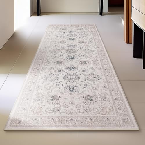 Phantoscope Washable Runner Rug 2'x6' Non-Slip, Vintage Neutral Hallway Rugs for Entryway, Stair, Bedroom, Distressed Boho Floral Medallion Pattern, Low-Pile Foldable Carpet, Cream Beige/Neutral - color: Cream Beige/Neutral, size: 2' x 6' (Runner)