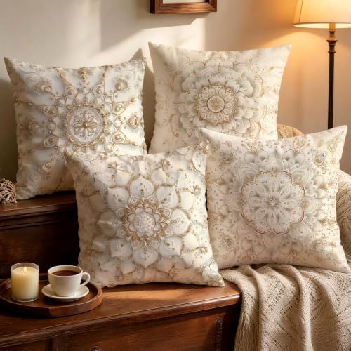 OBSEDE Golden Mandala Decorative Throw Pillow Covers 18x18 Inches Set of 4, Faux Linen Printed Cushion Covers for Couch Sofa Living Room Bedroom Home Decor - color: Golden Sacred Mandala