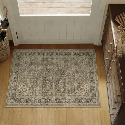 2x3 Washable Area Rug Brown Vintage Non Slip Soft Low Pile Small Rug for Entryway Kitchen Bathroom Distressed Oriental Throw Carpet for Living Room Bedroom Home Decor - color: Brown/Black, size: 2' x 3' (Rectangular)