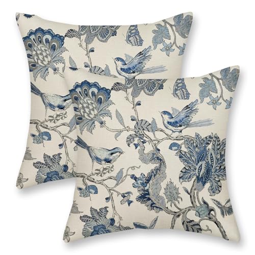 Chinoiserie Pillow Covers 16x16 Inch 2 Pcs Spring Navy Blue Floral Birds Decor Throw Pillows Vintage Flower Seasonal Outdoor Indoor Decoration Pillowcase Linen Cushion Cover for Couch Sofa Bed - color: Navy Blue Floral Birds, size: 16" x 16" (Pack of 2)