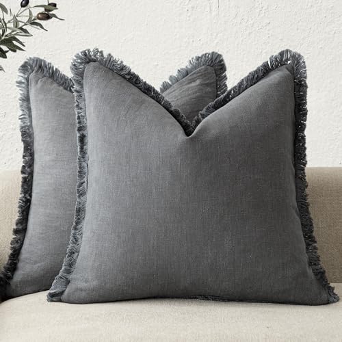 Foindtower Set of 2 Decorative Linen Fringe Throw Pillow Covers Cozy Boho Farmhouse Cushion Cover with Tassels Soft Accent Pillowcase for Couch Sofa Bed Living Room Home Decor, 16×16 Inch, Gray - color: Grey, size: 16" x 16" (Pack of 2)