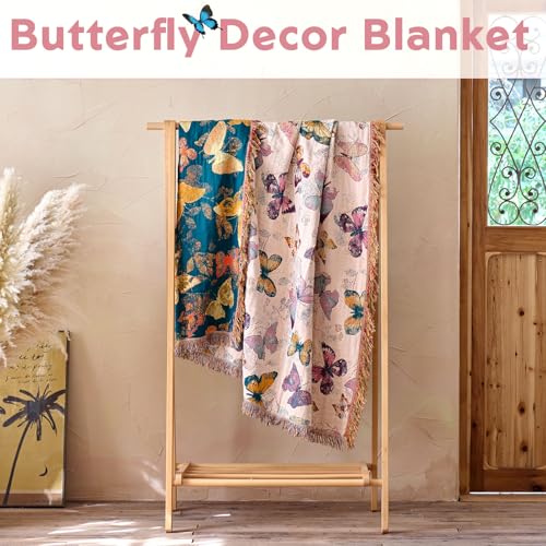 Boho Butterfly Throw Blanket 60"x80" Twin Size Bed Blanket,100% Cotton Reversible Soft Breathable Lightweight Spring Decorative Blankets with Tassels for Couch Sofa Decor All Season - color: Butterfly-white, size: 60''x80''