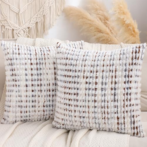 LUOYEHK Boho Throw Pillow Covers 20x20 Inch Set of 2 Farmhouse Neutral Pillow Covers Chenille Tufted Pillowcase for Couch Sofa Bed Living Room, Brown White - color: Brown White, size: 20" x 20" (Pack of 2)