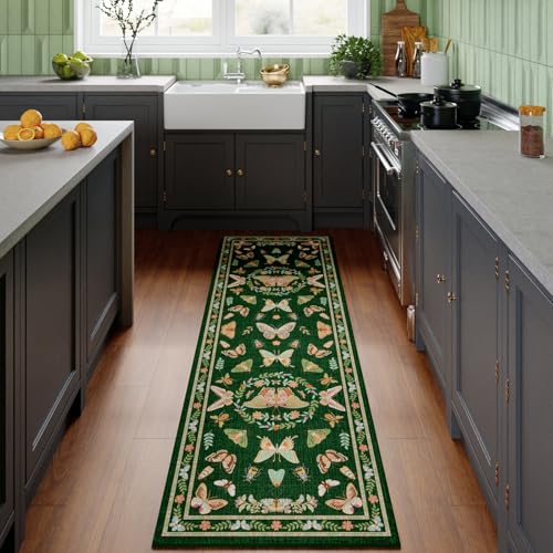 Unirea 2x6 Dark Green Runner Rug, Washable Non Slip Insect Botanical Rug for Hallway, Kitchen, Bathroom, Laundry Room, Entryway, Bedroom, Soft Boho Door Mat Indoor Entrance Bug Rugs, Low Pile Carpet - color: Dark Green, size: 2'x6'