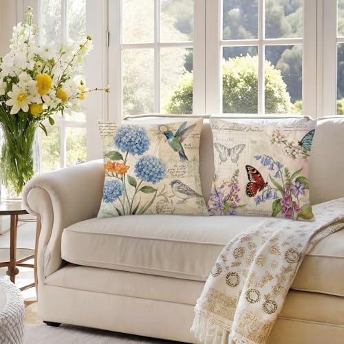 wyooxoo Farmhouse Pillow Covers 20x20 Set of 4 Spring Summer Throw Pillow Covers Linen Flower Butterfly Bird Decorative Pillowcases for Sofa Couch Living Room Outdoor - color: Color C, size: 20" x 20" (Pack of 4)