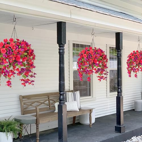 Artificial Fake Hibiscus Hanging Flowers Baskets for Outdoor Decoration, Faux Plants Silk Hibiscus Long Vines in Planter UV Resistant Realistic Flowers for Outside Porch Patio Home Decor, RedPurple - color: Redpurple