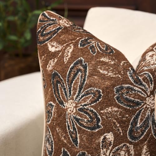 Yangest Flower Pillow Cover 18 x18 Inches, Nature Chenille Square Throw Pillow Cover Soft Luxury Neutral Accent Couch Pillow Cover for Living Room Bedroom, Coffee Brown - color: Coffee Brown, size: 18" x 18" (Pack of 1)