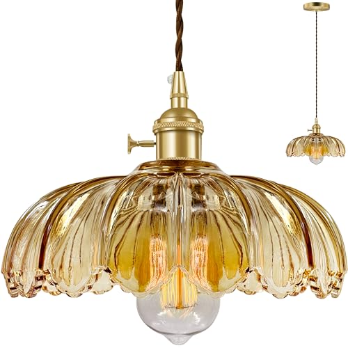 Hardwired Pendant Light Fixture, Hanging Light Fixture, Glass Shade Pendant Light with Rotary Switch, Modern Lamp for Kitchen Island, Bedroom, Dining Room, Living Room (Amber, 6 Ft Cord) - color: Amber, size: 6 ft