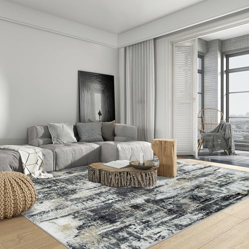 9x12 Area Rugs Washable Rug: Modern Abstract Living Room Rug Soft Anti-Skid Thin Carpet Indoor Floor Non-Shedding Carpets for Bedroom Dining Room Farmhouse Nursery Home Office Black Grey Gold - color: Black Grey/Gold, size: 9' x 12' (Rectangular)