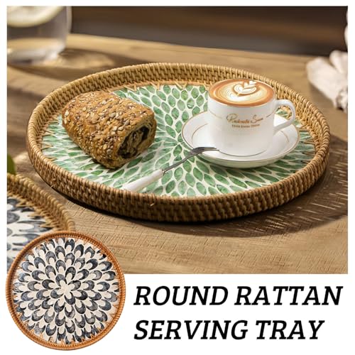 Round Rattan Tray with Mother of Pearl Inlay, Decorative Wicker Serving Tray with Wooden Base, Woven Basket Trays for Bread Fruits Coffee, Plume - color: Plume