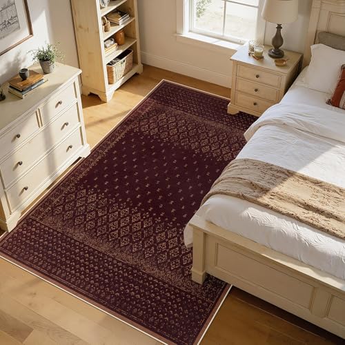 Joydeco Vintage 5x7 Washable Rug for Bedroom, Burgundy Living Room Rug Non Slip, Boho Geometric Ultra-Thin Soft Indoor Floor Throw Carpet for Entryway Dining Table Kitchen Home Office - color: Burgundy, size: 4'11" x 6'11" (Rectangular)