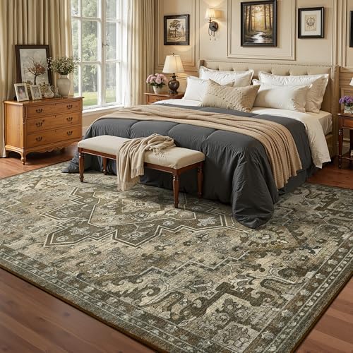 Foxmas 6x9 Area Rugs for Living Room Bedroom, Machine Washable Non-Slip Vintage Rug, Low Pile Throw Rugs with Rubber Backing Washable Carpet for Dining Room Kitchen Home Decor, Brown - color: Brown, size: 6' X 9' (Rectangular)