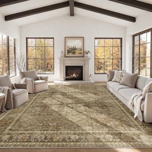 HelloTree Washable Rugs 9x12 Area Rug for Living Room, Vintage Boho Brown Rug Non Slip Carpet Retro Accent Indoor Mat Print Distressed Low Pile Throw Large Rug for Office Dining Room Bedside-Brown - color: Brown, size: 9' x 12' (Rectangular)