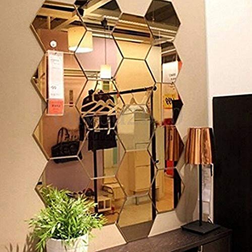 Mirror Wall Stickers - 12PCS Hexagon Art DIY Decorative Acrylic Sheet Plastic Tiles Home Living Room Bedroom Sofa TV Background Decal Decoration - color: Gold