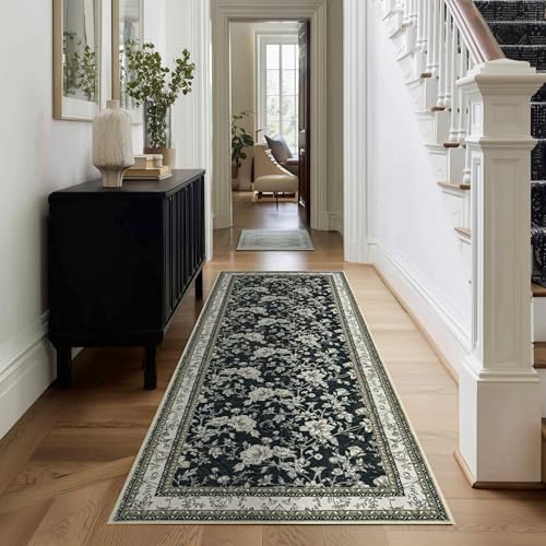 Black Runner Rugs 2x6 for Hallway Kitchen Bedroom Beside Laundry Room Bathroom Rug Boho Modern Washable Non Slip Low Pile Stain Resistant Soft Long Carpet Mat Black Cream Beige Taupe Floral Pattern - color: Sketch Floral Black, size: 2' x 6' (Rectangular)