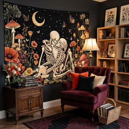Lifeel Skeleton Lovers Tapestry, The Kissing Lovers Boho Aesthetic Skull Gothic Tapestry for Bedroom Living Room, 60x80 inches - color: Black1, size: 80"L x 60"W