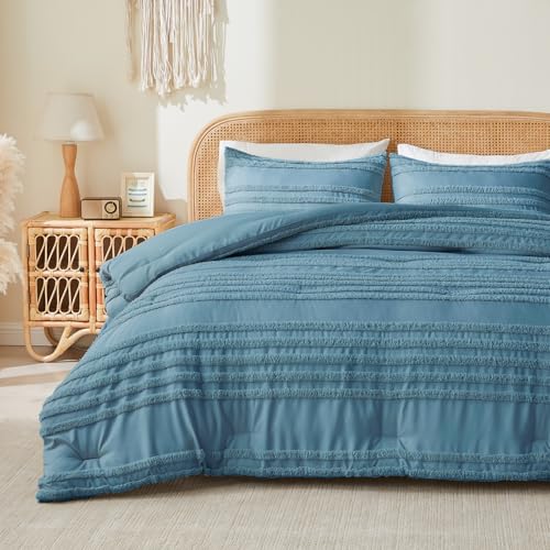 BEDELITE Boho Comforter Set Queen Size, Dusty Blue Tufted Striped Bed Set 3 Pieces, Soft Vintage Farmhouse Comforter for All Seasons, Boho Home Decor,Fluffy Jacquard Bedding with 2 Pillow Shams - color: Dusty Blue, size: Queen