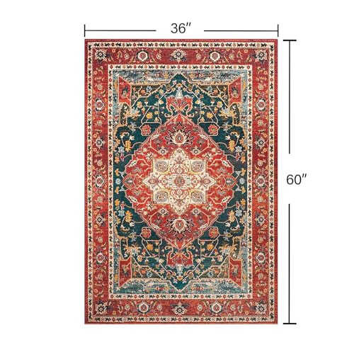 YJ.GWL Area Rugs for Living Room 3x5 Machine Washable Rugs for Bedroom, Non Slip Floral Vintage Rug Indoor Carpet, Small Floor Throw Rug for Dining Room Kitchen, Orange-Red - color: Orange-red, size: 3' x 5' (Rectangular)