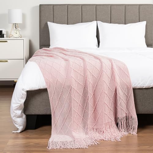 PAVILIA Light Pink Knit Throw Blanket for Couch, Twin Bed, Soft Knitted Farmhouse Sofa Throw for Living Room, Lightweight Decorative Summer Blanket for Chair, Outdoor Textured Boho Blanket, 60x80 - color: Blossom Pink, size: 60 X 80 Inches - Twin